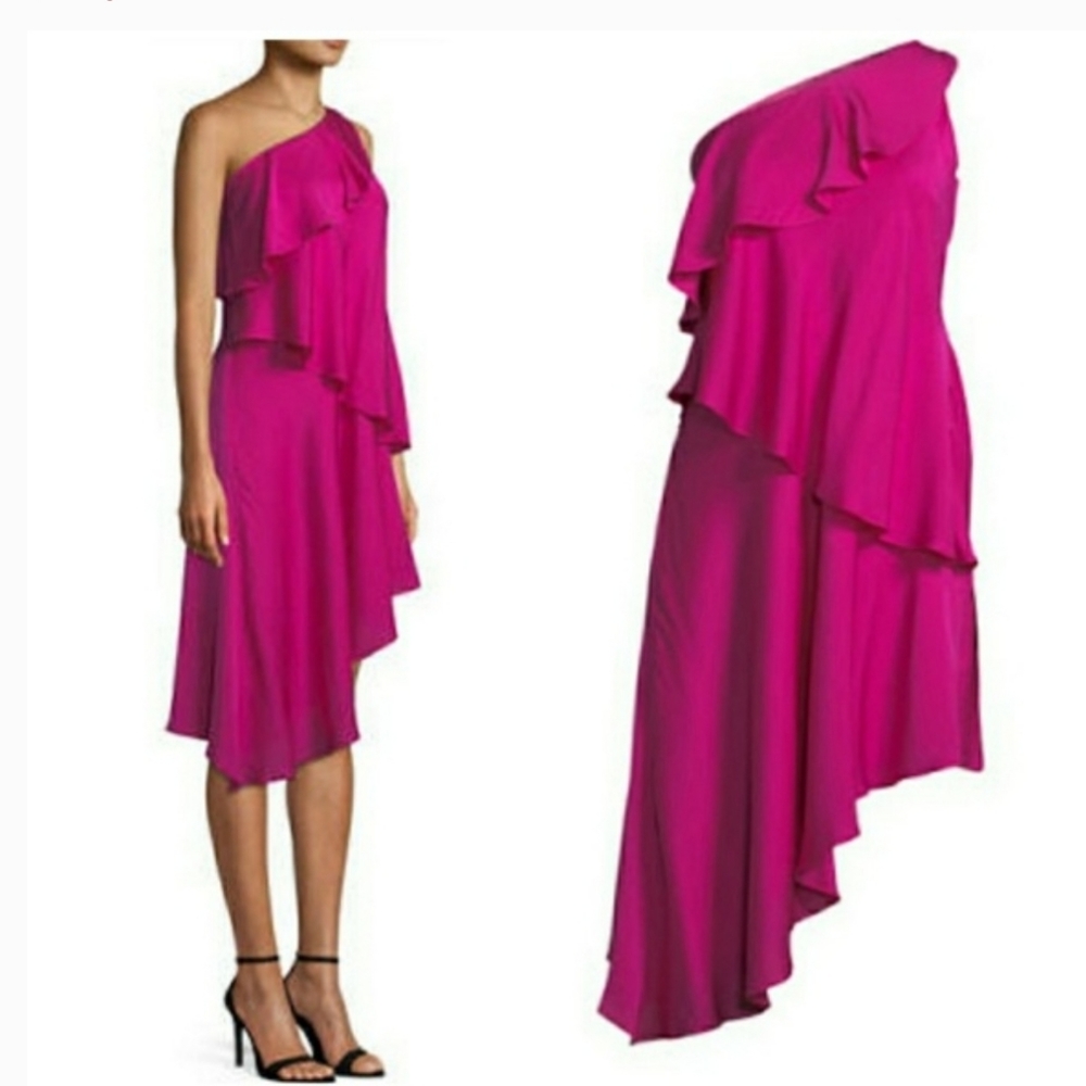 Milly Nora One Shoulder Ruffled Silk Dress